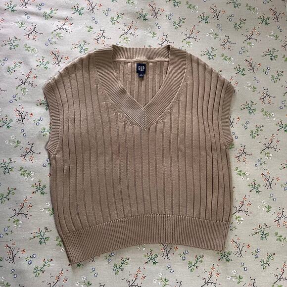 GAP Dolman Ribbed Sweater Vest Brown Small V Neck Cotton Knit Academia Office - Picture 2 of 6